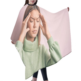 Personality  Young Beautiful Blonde Woman Wearing Winter Wool Sweater Over Pink Isolated Background Suffering From Headache Desperate And Stressed Because Pain And Migraine. Hands On Head. Hair Cutting Cape