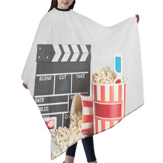 Personality  Delicious Popcorn Scattered From Buckets With Clapper Board And 3d Glasses Isolated On Grey Hair Cutting Cape