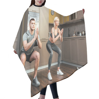 Personality  Young Couple Doing Squats Together At Home During Quarantine Hair Cutting Cape