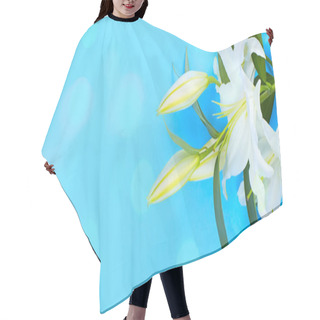 Personality  Banner Natural Bouquet Of Lilies On A Blue Background. Hair Cutting Cape