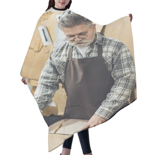 Personality  Middle Aged Male Leather Handbag Craftsman In Apron And Eyeglasses Working At Studio Hair Cutting Cape