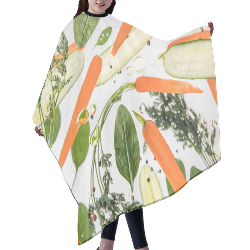 Personality  Background With Carrots, Sliced Cucumbers, Spinach Leaves, Spices And Water Bubbles Hair Cutting Cape