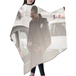 Personality  Young Woman In Car Giving Driver License To African American Policeman With Clipboard And Pen Hair Cutting Cape