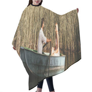 Personality  Panoramic Shot Of Young Couple In Boat On River Near Thicket Of Sedge Hair Cutting Cape