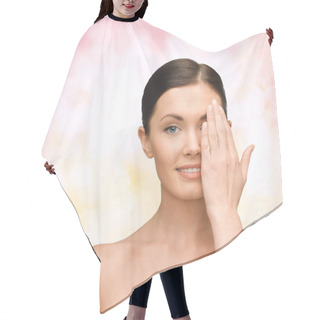 Personality  Smiling Young Woman Covering Face With Hand Hair Cutting Cape