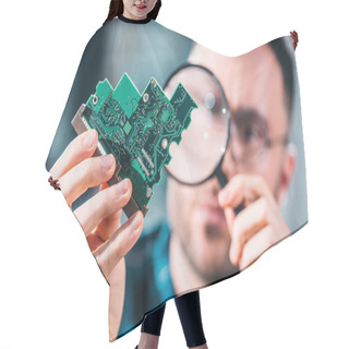 Personality  Close-up View Of Man Looking At Circuit Board Through Magnifying Glass Hair Cutting Cape