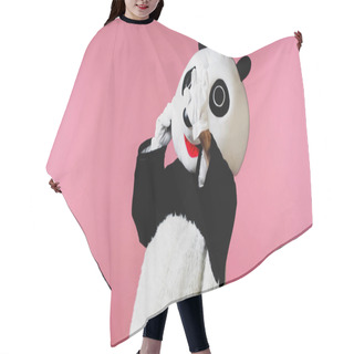 Personality  Person In Panda Bear Costume Waving Hand Isolated On Pink  Hair Cutting Cape