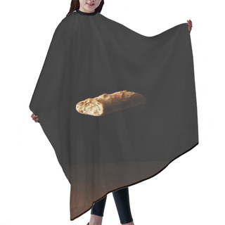 Personality  Piece Of Wholegrain Bread Flying Above Wooden Table Surface Hair Cutting Cape