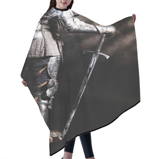Personality  Cropped View Of Knight In Armor Holding Sword On Black Background  Hair Cutting Cape