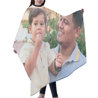 Personality  Hispanic Father And Son Spend A Day Together In The Park Hair Cutting Cape