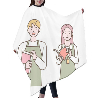 Personality  Bookstore Employees Wearing Aprons Are Standing With Smiles. Outline Simple Vector Illustration. Hair Cutting Cape