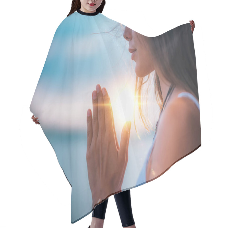 Personality  Young Woman Meditating With Her Eyes Closed, Practicing Yoga With Hands In Prayer Position.   Hair Cutting Cape