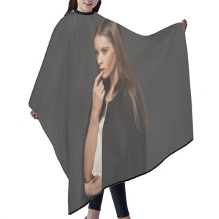 Personality  Portrait Of One Beautiful Young Sexual Woman Hair Cutting Cape