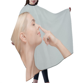 Personality  Happy Woman Touching Nose Isolated On Grey  Hair Cutting Cape