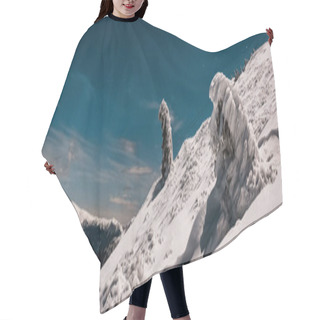 Personality  Scenic View Of Snowy Mountain With Pine Trees And White Fluffy Clouds In Dark Sky In Evening, Panoramic Shot Hair Cutting Cape