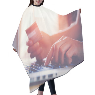 Personality  Hands Holding Credit Card And Using Laptop. Online Shopping Hair Cutting Cape