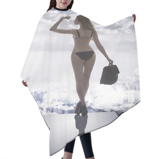 Personality  Girl With Bikini And Business Bag In Drammatic Light Hair Cutting Cape