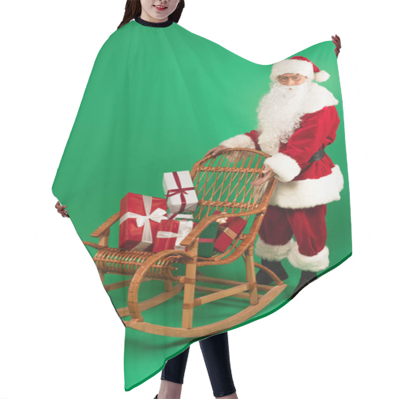 Personality  Santa Claus Pointing At Presents On Rocking Chair On Green Background Hair Cutting Cape