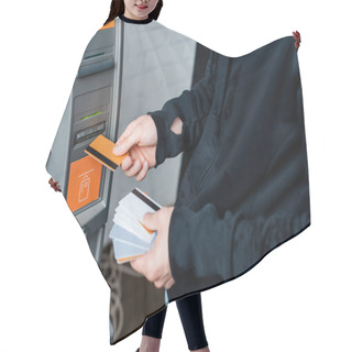 Personality  Cropped View Of Thief Holding Credit Cards Near Automated Teller Machine Hair Cutting Cape