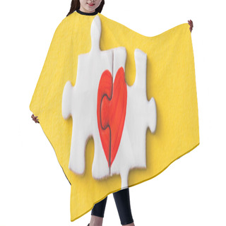 Personality  Panoramic Shot Of Connected Jigsaw Puzzle Pieces With Drawn Red Heart Isolated On Yellow  Hair Cutting Cape