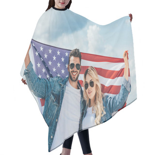 Personality  Attractive Woman And Handsome Man Smiling And Holding American Flag  Hair Cutting Cape