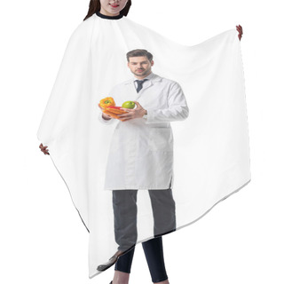 Personality  Nutritionist In White Coat With Fresh Vegetables And Apple In Hands Isolated On White Hair Cutting Cape
