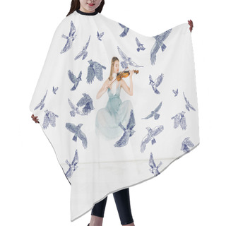 Personality  Floating Girl In Blue Dress Playing Violin With Birds Illustration Hair Cutting Cape