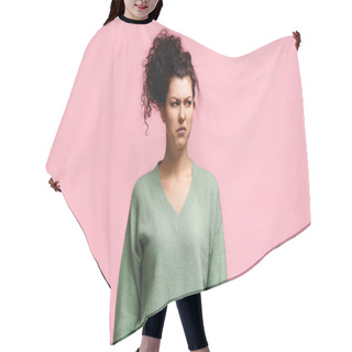Personality  Displeased Woman In Green Pullover Looking Away Isolated On Pink Hair Cutting Cape