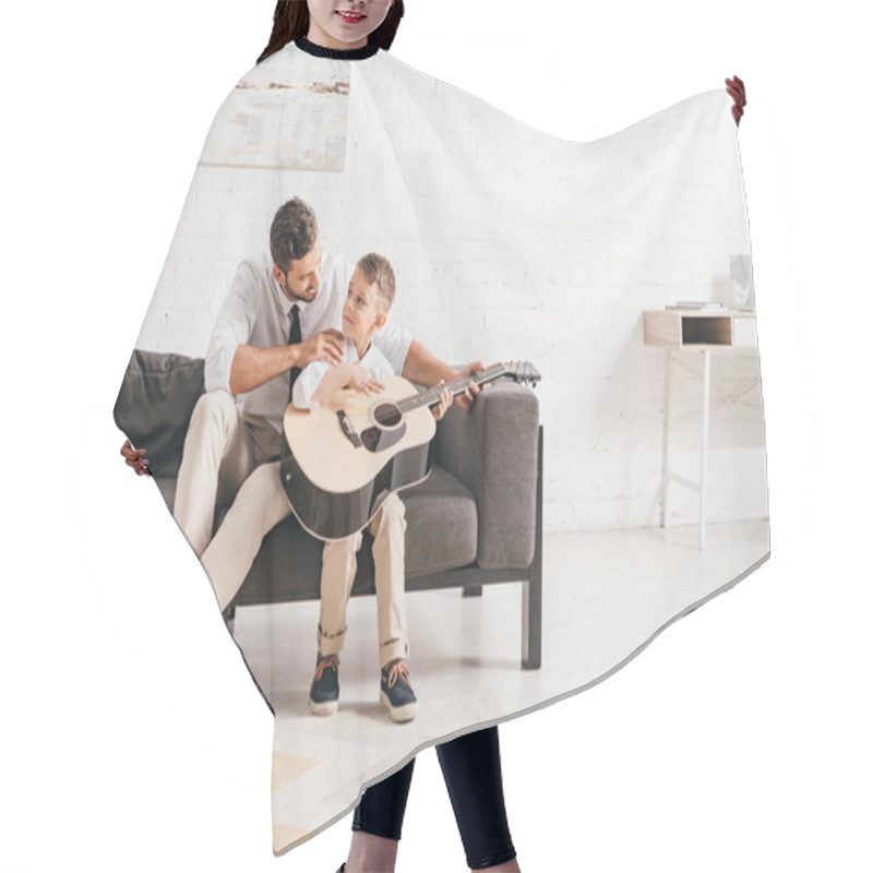 Personality  Dad Teaching Son To Play Acoustic Guitar At Home Hair Cutting Cape