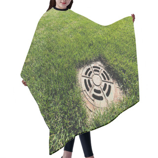 Personality  Metallic Manhole Cover On Green And Fresh Grass  Hair Cutting Cape