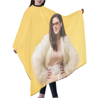 Personality  Smiling Party Girl In Faux Fur Jacket And Sunglasses With Hands On Hips Isolated On Yellow Hair Cutting Cape