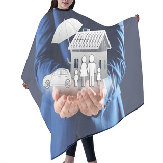 Personality  Insurance Concept - Umbrella Demonstrating Protection. Man With Illustrations On Dark Background, Closeup Hair Cutting Cape