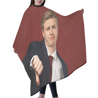 Personality  Displeased Man Showing Thumb Down On Red Background Hair Cutting Cape