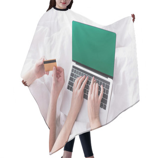 Personality  Cropped View Of Woman Using Laptop With Chroma Key Near Husband With Credit Card On Bed  Hair Cutting Cape