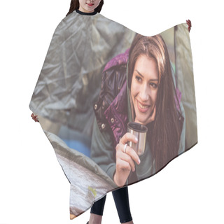 Personality  Woman In Tent Holding Metallic Cup Hair Cutting Cape