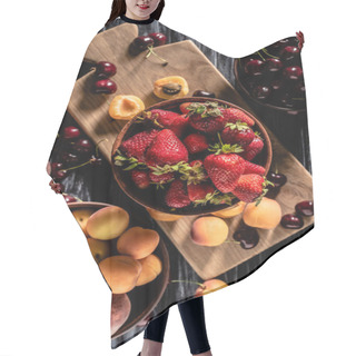 Personality  Top View Of Bowls With Cherries, Strawberries, Peaches And Apricots On Wooden Table  Hair Cutting Cape