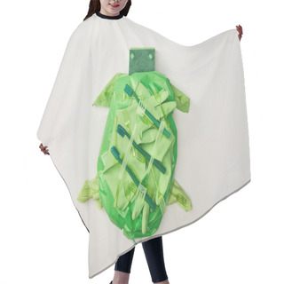 Personality  Top View Of Turtle Figure Made From Disposable Plastic Tableware, Bag, Sponges And Rubber Gloves Isolated On White Hair Cutting Cape