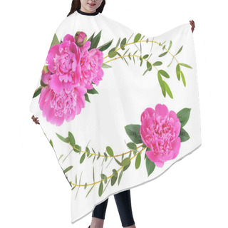 Personality  Pink Peonies And Ecorative Eucalyptus Green Leaves In Wave Arrangements With Copy Pace For Text Isolated On White Background. Flat Lay. Top View. Hair Cutting Cape