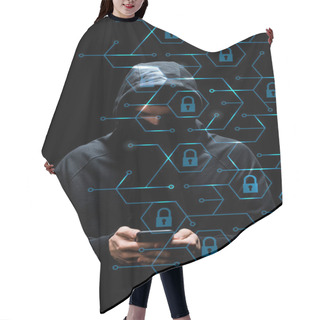 Personality  Hacker In Hood Using Smartphone Near Padlocks On Black, Cyber Security Concept  Hair Cutting Cape
