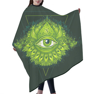 Personality  Abstract Symbol Of All-seeing Eye In Boho Eastern  Ethnic Style Green On Black For Decoration T-shirt Or For Computer Game. Concept Magic Occultism Esoteric Hair Cutting Cape