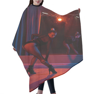 Personality  A Graceful Dancer In Black Leotard And Fishnet Tights Bends Over In A Performance Of Choreography Hair Cutting Cape