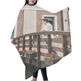 Personality  Thoughtful Senior Woman Standing On Wooden Bridge And Looking Away, Elderly Life, Blurred Background Hair Cutting Cape