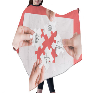 Personality  Top View Of Man And Woman Holding White Puzzle Pieces With Illustration On White  Hair Cutting Cape
