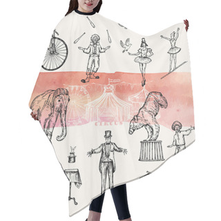 Personality  Retro Circus Performance Set Sketch Stile Vector Illustration. Hand Drawn Imitation. Human And Animals Hair Cutting Cape