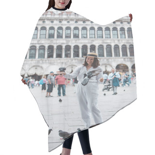 Personality  Woman In White Clothes With Straw Hat Having Fun With Pigeons At Venice City Square Hair Cutting Cape
