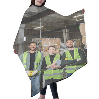 Personality  Smiling Interracial Sorters In Protective Vests Holding Digital Tablet And Looking At Camera Near Waste Paper In Waste Disposal Station, Garbage Sorting And Recycling Concept Hair Cutting Cape
