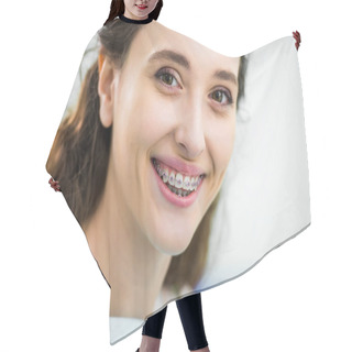 Personality  Close Up Of Happy Woman With Braces On Teeth Smiling In Dental Clinic Hair Cutting Cape