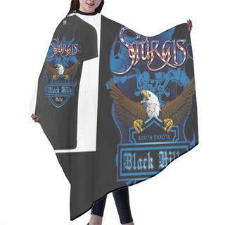 Personality  T-shirt Design Sturgis With Bald Eagle And Blue Coat Of Arm And Blue Motorcycle Drawing - Colored Illustration Isolated On Black Background, Vector Hair Cutting Cape