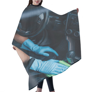 Personality  Cropped View Of Car Cleaner Wiping Gear Whifter With Rag Hair Cutting Cape