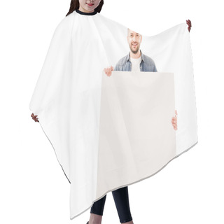 Personality  Front View Of Smiling Bearded Man Holding Blank Placard Isolated On White Hair Cutting Cape